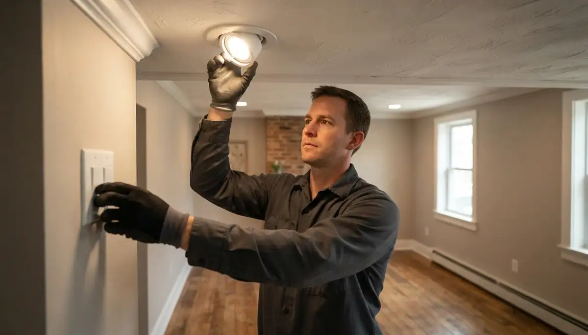 Electrician tests and aims a new light fixture during Baltimore, MD home lighting installation