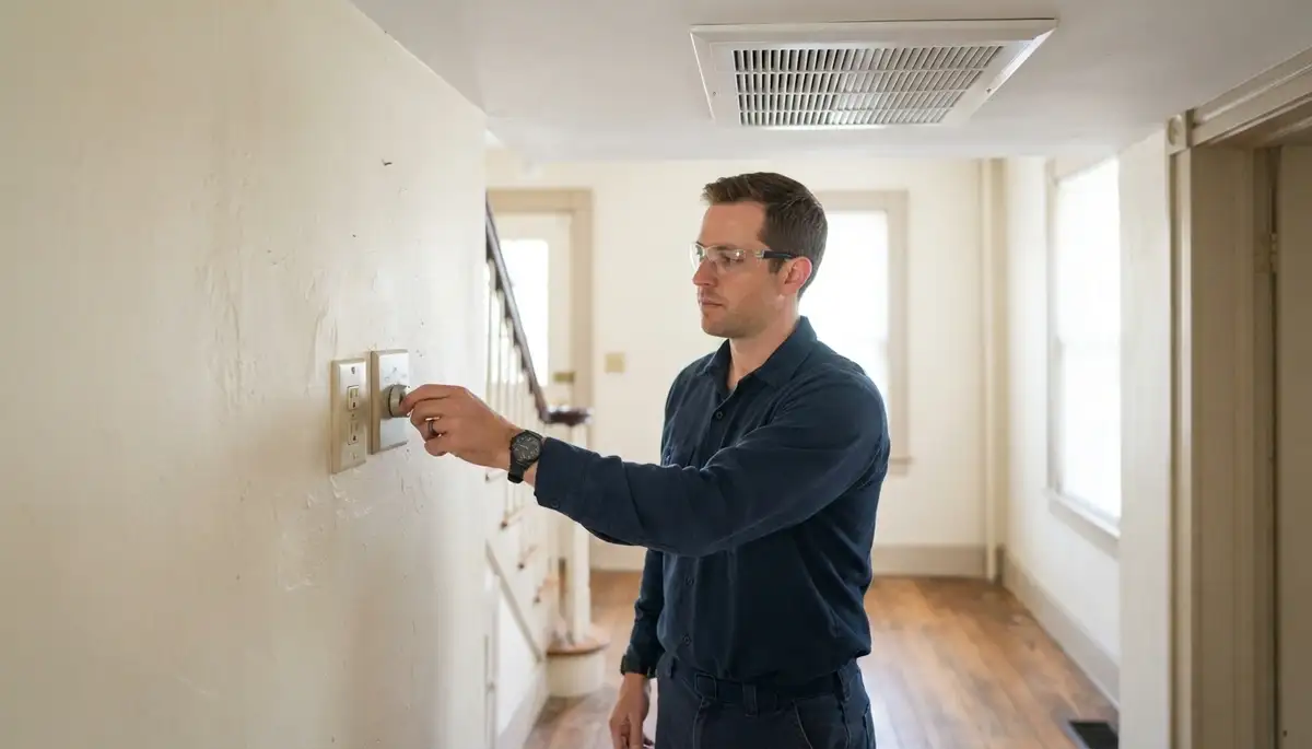 Technician adjusts whole-house fan wall control beneath a closed ceiling grille in Baltimore, MD