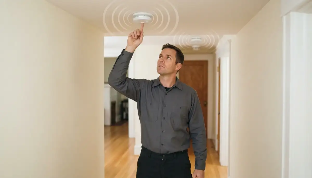 Baltimore, MD electrician presses ceiling smoke detector test button to verify interconnected alarms.