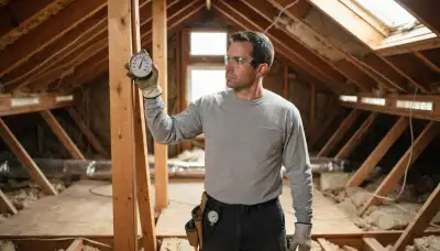 Baltimore, MD electrician checks attic temperature near soffit vents for attic fan installation