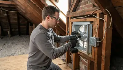 Electrician installs and wires an attic fan in a gable wall of a Baltimore, MD home