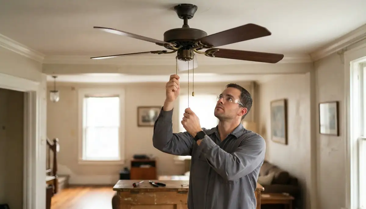 Baltimore electrician checking ceiling fan blade balance and flush ceiling canopy during installation