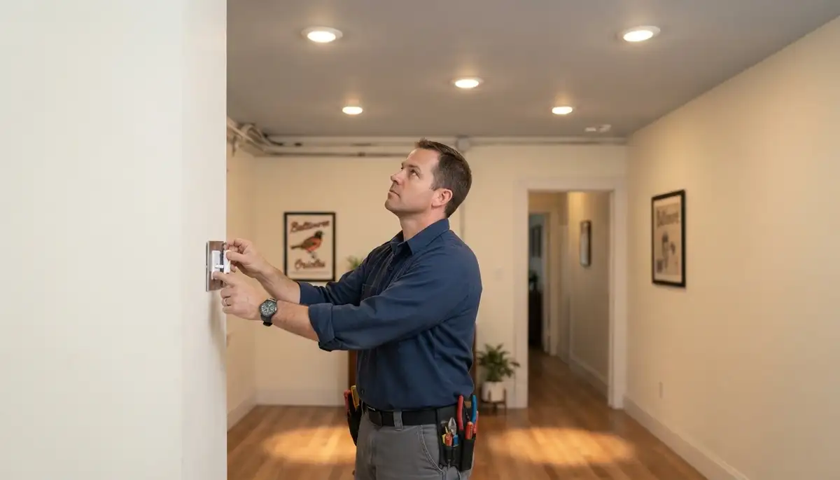 Baltimore, MD electrician checks recessed lighting beam overlap and smooth dimming with a handheld control