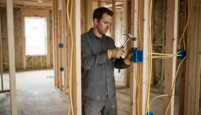 Electrician installing electrical boxes and cable during new construction wiring in a Baltimore, MD home