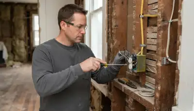 Electrician terminates stripped wires at a device box during Baltimore, MD home wiring installation