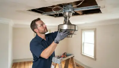 Electrician installing a fan-rated box and ceiling fan motor in a Baltimore, MD home