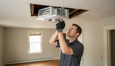 Electrician installs a ceiling unit, insulated damper, and wiring for a whole house fan in Baltimore, MD