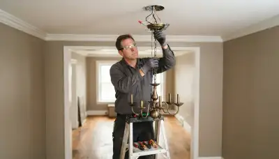 Baltimore, MD electrician safely hangs and wires a chandelier to a secure ceiling brace