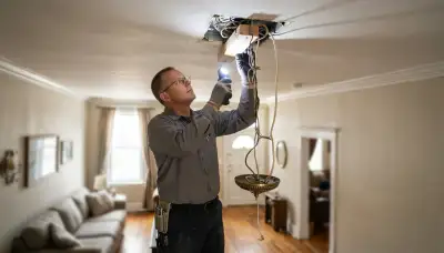 Baltimore electrician inspects ceiling box and support brace with flashlight for secure chandelier installation