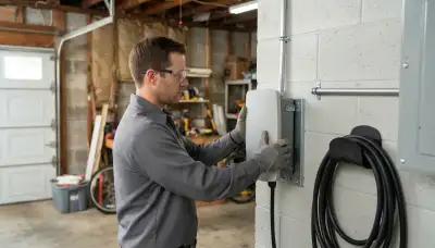 Technician installing an electric car charger and dedicated circuit in a Baltimore, MD garage
