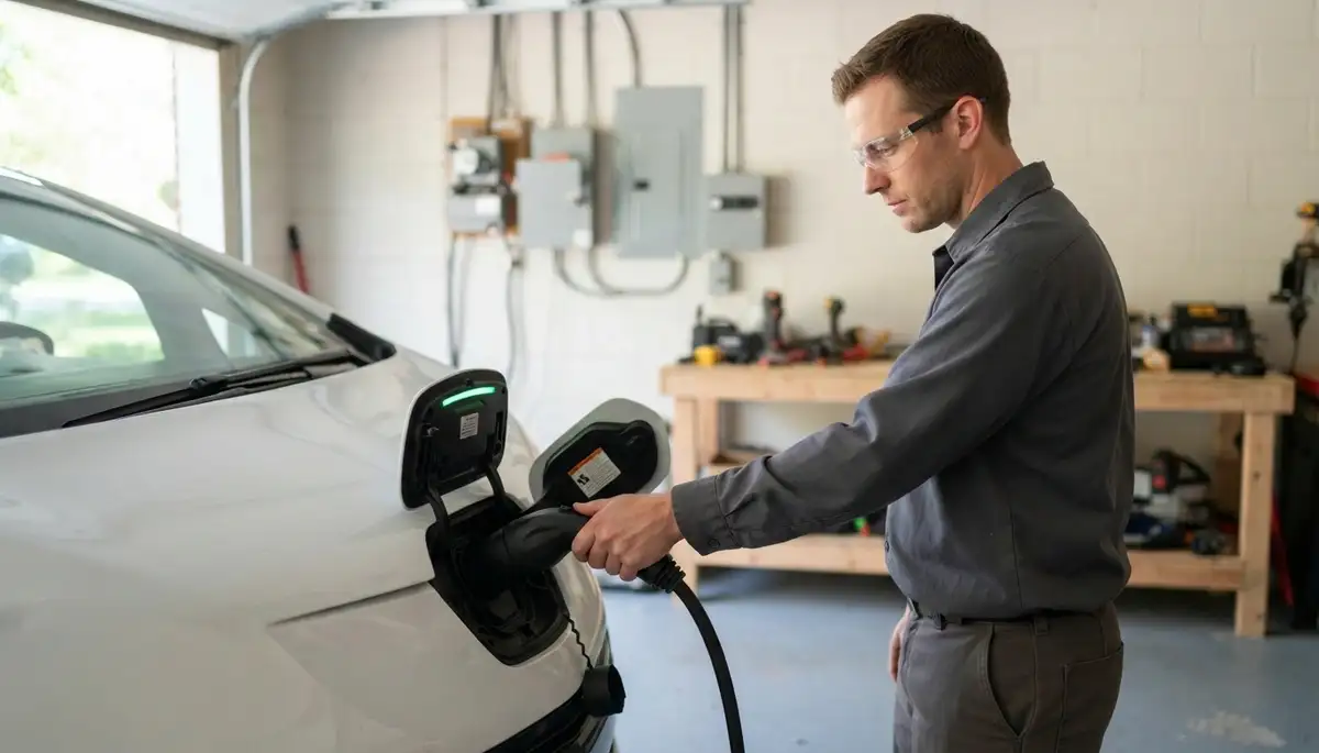 Baltimore, MD electrician tests EV charger installation by connecting the charging cable to a vehicle