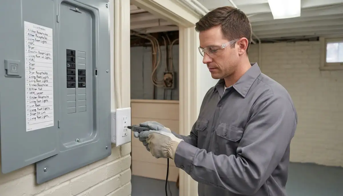 Baltimore electrician uses a voltage tester to verify labeled circuits after an electrical panel upgrade