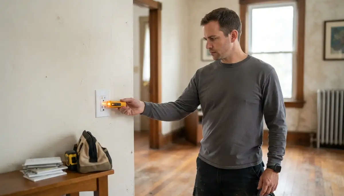 Baltimore, MD electrician tests a newly installed receptacle with a circuit tester after completing electrical work