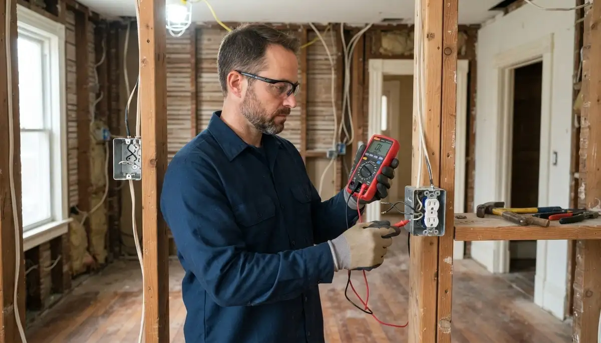 Baltimore, MD electrician tests wiring continuity and polarity before walls are closed in an older home