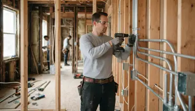 Baltimore, MD electrician crew fastening aligned conduit and electrical boxes to wall studs during installation