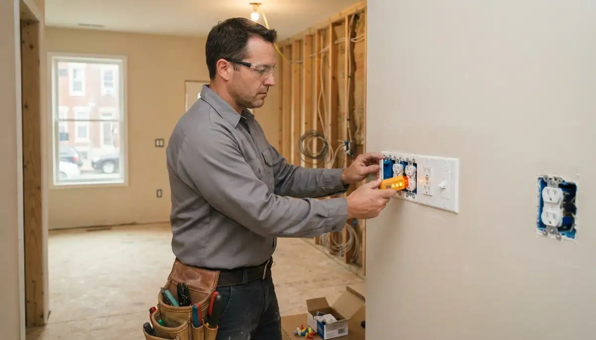 Baltimore, MD electrician testing receptacles and switches during new construction wiring trim-out