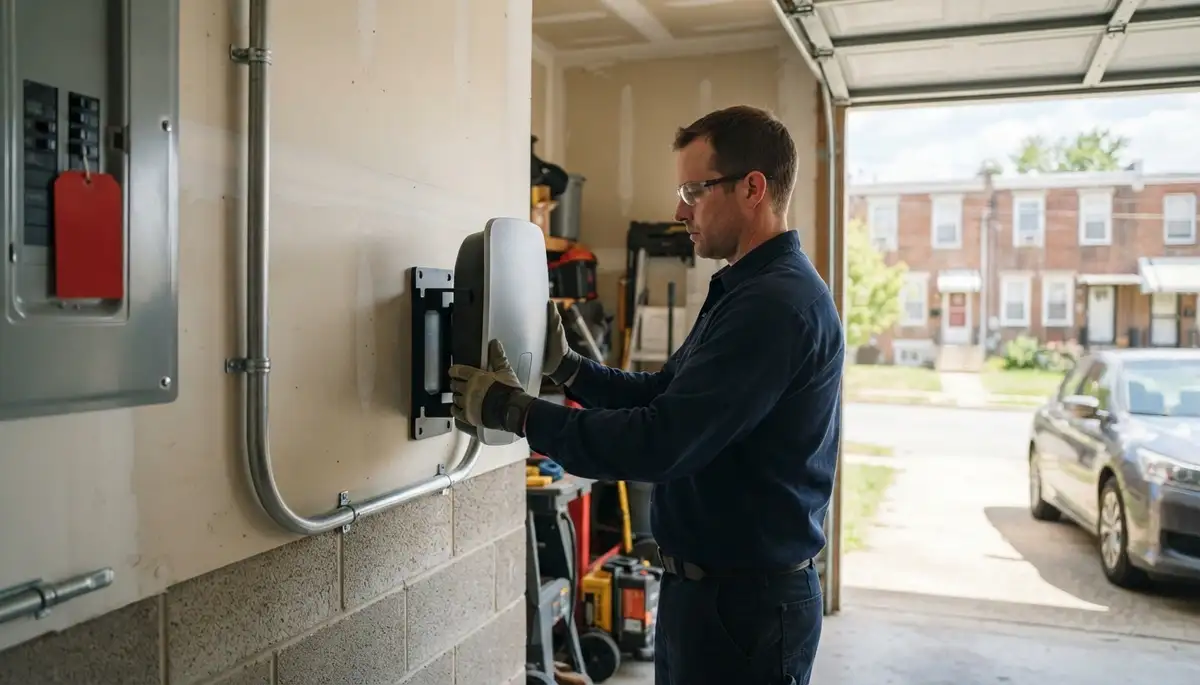 Electrician installing a Level 2 EV charger with conduit in Curtis Bay, Baltimore, MD