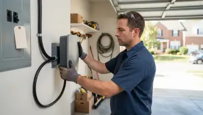 Electrician installing a Level 2 EV charger at a home in Halethorpe, MD