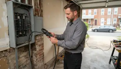 Baltimore electrician performs EV charger load calculation at an open home electrical panel with a clamp meter