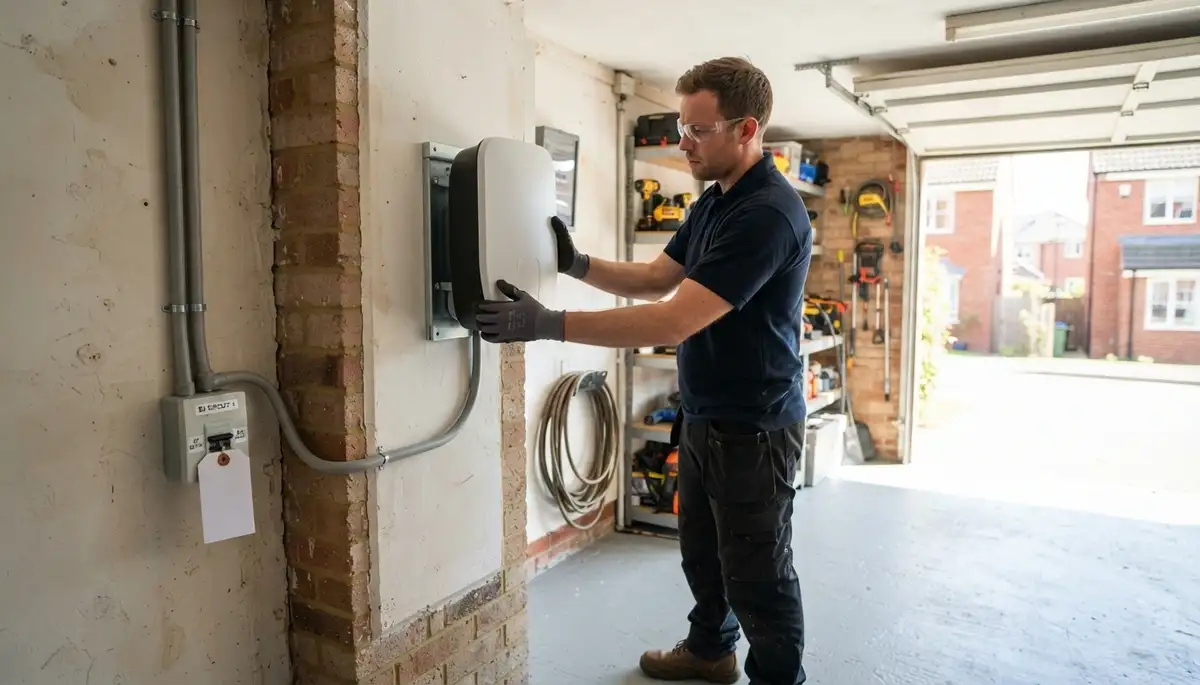 Electrician installing an EV charger and dedicated circuit in a Nottingham, MD garage