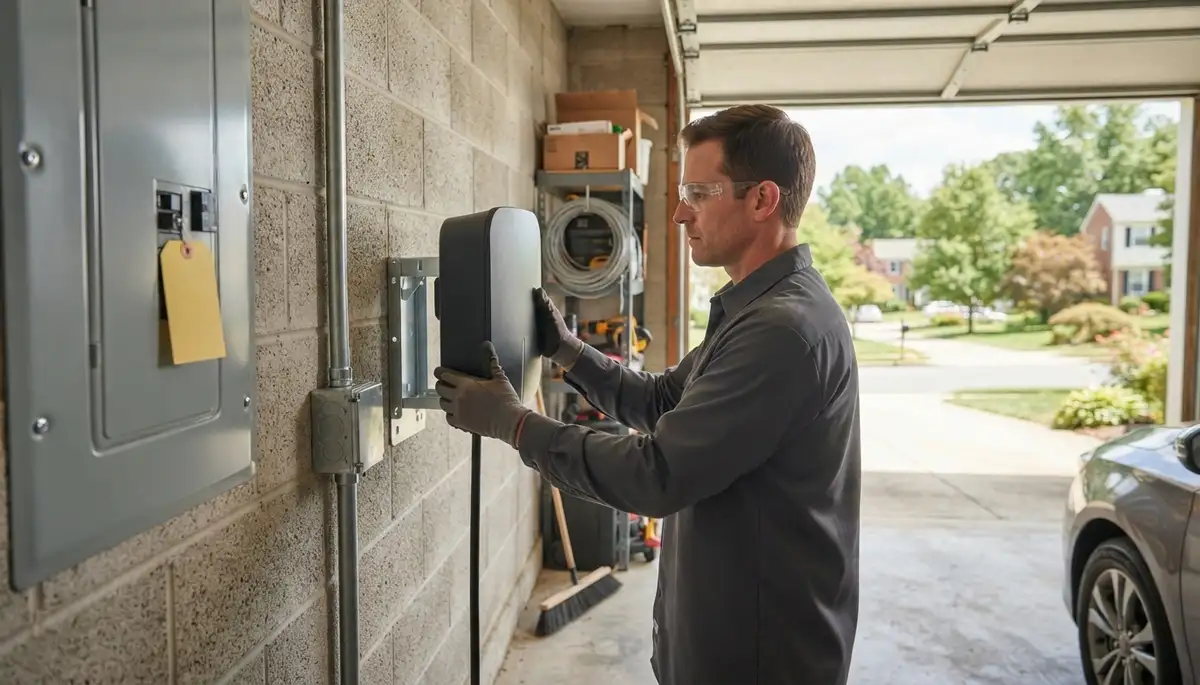 Electric vehicle charger installation with dedicated garage circuit in Pikesville, Baltimore, MD