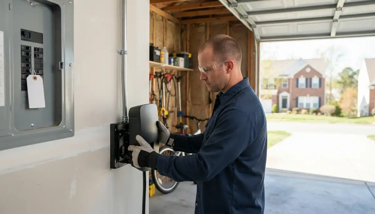 Electrician installing a wall-mounted EV charger with conduit and dedicated breaker in a Randallstown, MD garage