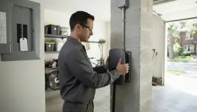 Electrician installing a wall-mounted EV charger on a dedicated circuit in a Rosedale, MD garage