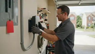 Electrician installing a wall-mounted EV charger with conduit in Windsor Mill, MD