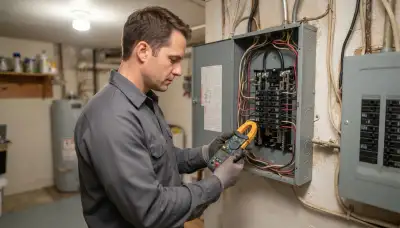 Baltimore, MD electrician measures electrical load at an open panel before installing an electric heater circuit