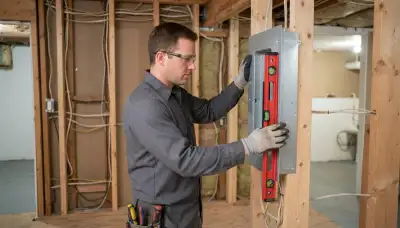 Licensed electrician leveling an electrical panel enclosure during rough-in installation in a Baltimore, MD home