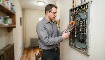 Baltimore, MD electrician uses a clamp meter to assess an existing electrical panel before an upgrade