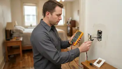 Baltimore, MD electrician testing a de-energized branch circuit with a multimeter at an open receptacle