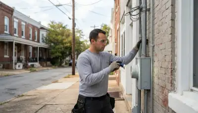 Licensed Baltimore, MD electrician inspecting a home's meter enclosure, weatherhead, and service entrance connections