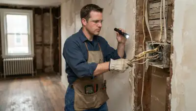 Baltimore electrician inspecting aged wiring and insulation inside an older home with a flashlight