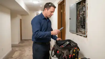 Baltimore electrician diagnoses a home's electrical panel with a voltage tester during a service call