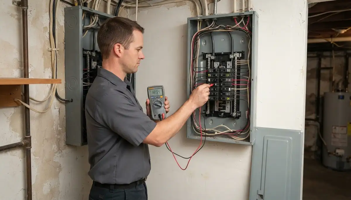 Baltimore electrician tests voltage and polarity on branch circuits at a newly installed electrical panel.