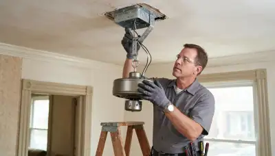 Electrician installing a fan-rated box and ceiling fan motor in a Baltimore, MD home