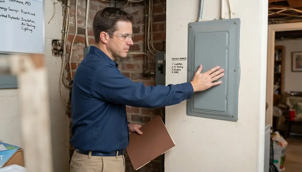 Technician reviews prioritized home energy audit findings beside an electrical panel in Baltimore, MD