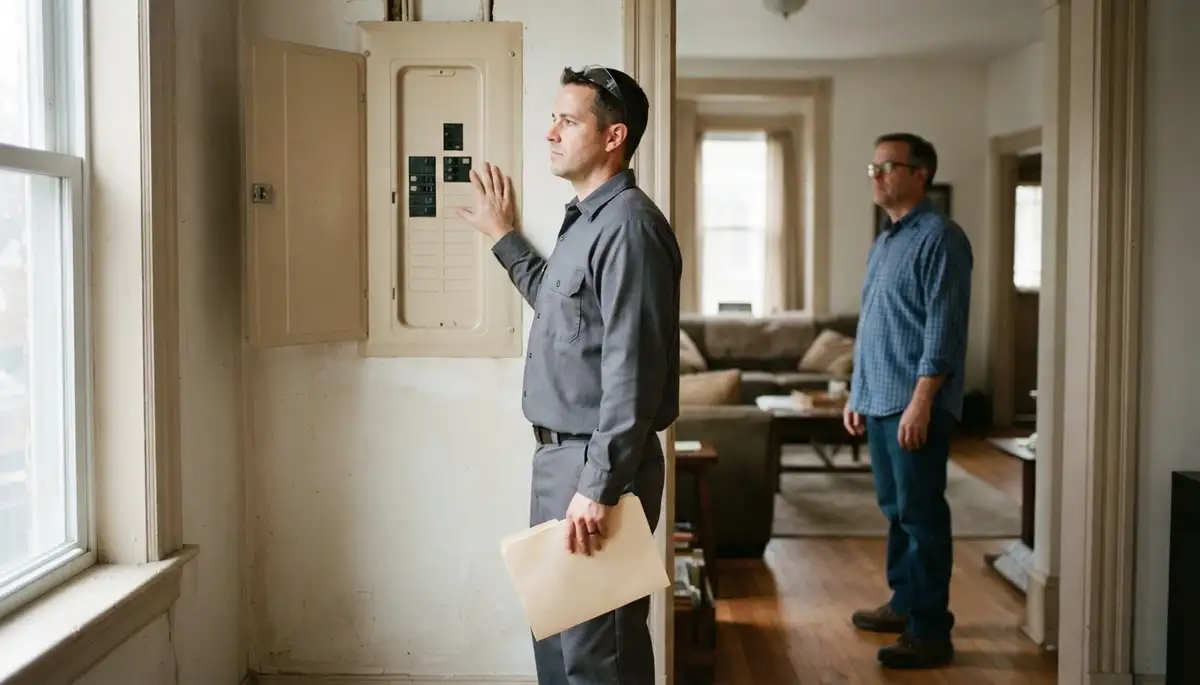 Baltimore, MD electrician reviews home electrical inspection findings with homeowner beside a closed electrical panel