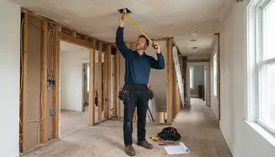Electrician measuring ceiling placement for fire alarm devices during Baltimore, MD home installation