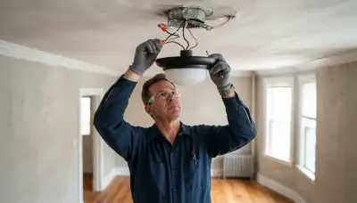 Electrician installing a ceiling light fixture and connecting wiring in a Baltimore, MD home