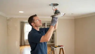 Baltimore, MD electrician installs a ceiling light fixture with gloved hands and secured wire connectors
