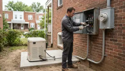 Baltimore, MD electrician connects transfer switch conductors beside a home standby generator