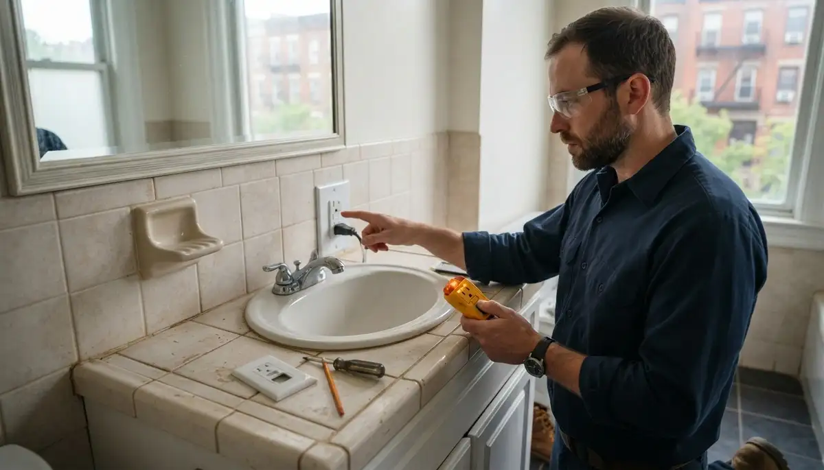 Electrician installing a GFCI outlet for bathroom wet-area protection in Brooklyn, MD