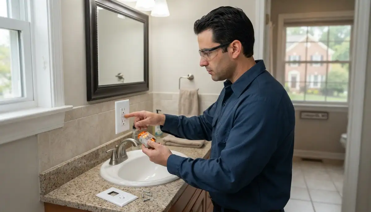 GFCI outlet near a bathroom sink in Cockeysville, MD, installed for wet-area electrical safety