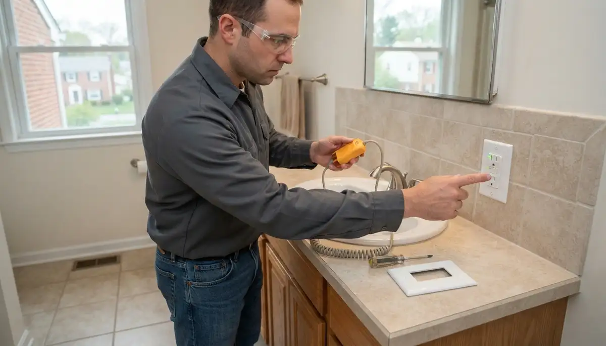 Electrician installing a GFCI outlet in a Dundalk, MD bathroom for wet-area shock protection