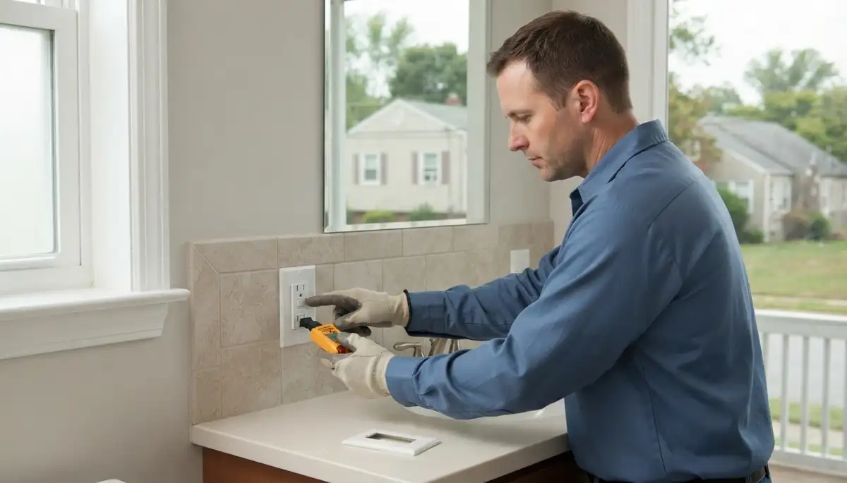 Electrician installing a GFCI outlet for bathroom ground-fault protection in Middle River, MD