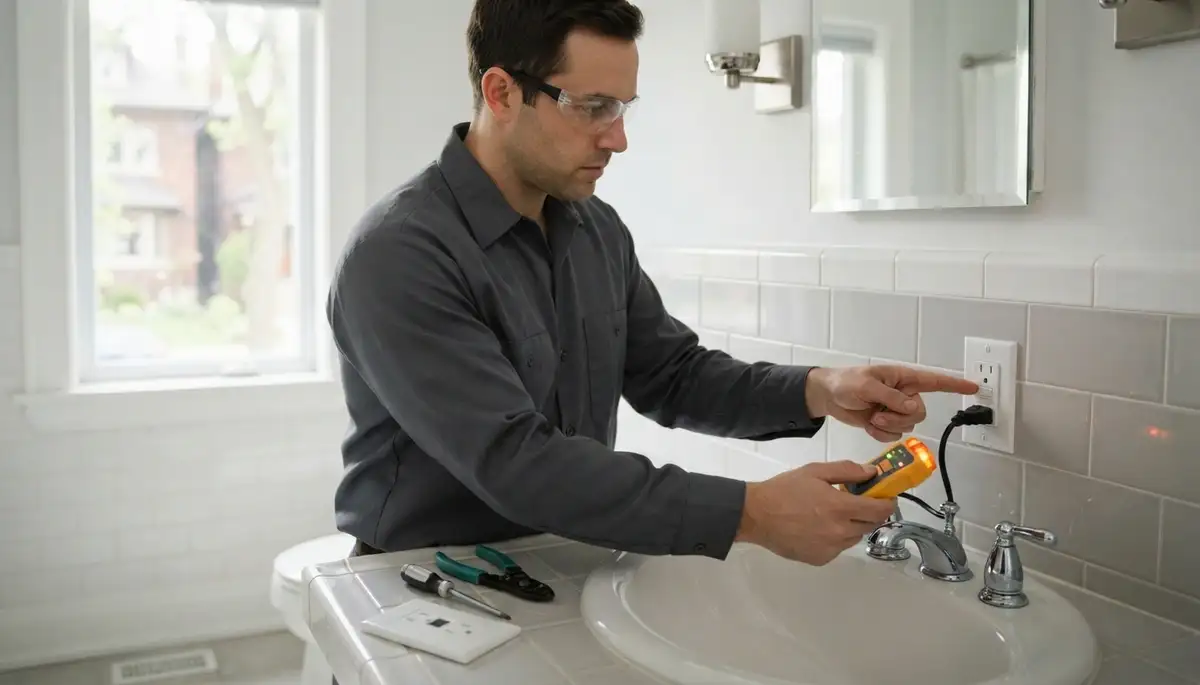 Electrician testing GFCI outlets near a sink in a Rosedale, MD home