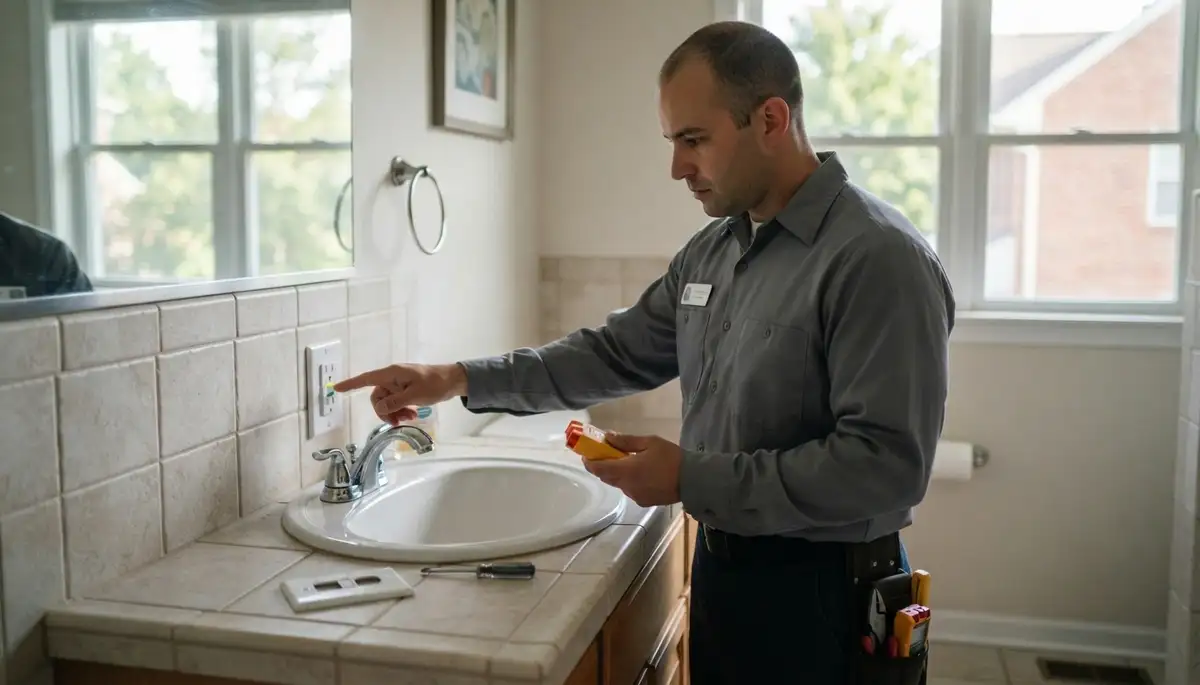Electrician installing a GFCI outlet in a White Marsh, MD bathroom for wet-area shock protection