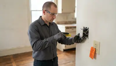 Electrician installs a GFCI receptacle with line and load wiring in a Baltimore, MD home